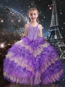 Latest Ball Gowns Little Girls Pageant Gowns Lilac Straps Organza Sleeveless Floor Length Lace Up