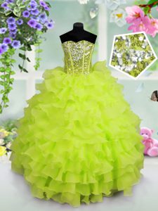 On Sale Organza Lace Up Sweetheart Sleeveless Floor Length Little Girls Pageant Dress Ruffled Layers and Sequins