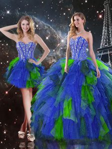 Most Popular Floor Length Multi-color Quince Ball Gowns Tulle Sleeveless Beading and Ruffles