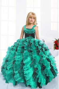 Teal Little Girl Pageant Gowns Party and Wedding Party with Beading and Ruffles Straps Sleeveless Lace Up