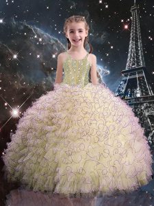 Light Yellow Organza Lace Up Straps Sleeveless Floor Length Girls Pageant Dresses Beading and Ruffles