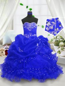 Most Popular Sleeveless Organza Floor Length Lace Up Girls Pageant Dresses in Royal Blue with Beading and Ruffled Layers and Pick Ups