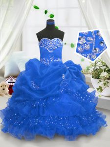 Unique Blue Sweetheart Neckline Beading and Ruffled Layers and Pick Ups Little Girl Pageant Dress Sleeveless Lace Up
