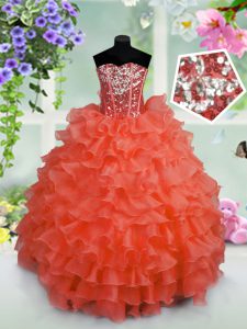 Coral Red Organza Lace Up Little Girls Pageant Dress Wholesale Sleeveless Floor Length Ruffled Layers and Sequins