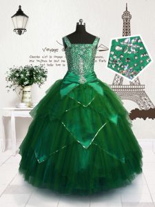 Customized Beading and Belt Girls Pageant Dresses Dark Green Lace Up Sleeveless Floor Length
