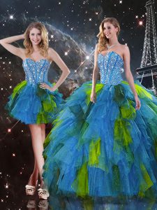 Beading and Ruffles Quinceanera Gowns Multi-color Lace Up Sleeveless Floor Length