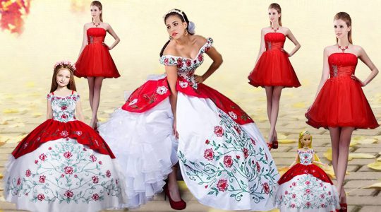 Sumptuous Organza and Taffeta Off The Shoulder Sleeveless Brush Train Lace Up Embroidery and Ruffled Layers Sweet 16 Quinceanera Dress in White And Red