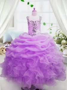 Attractive Rose Pink Sleeveless Beading and Ruffles and Pick Ups Floor Length Little Girls Pageant Dress Wholesale