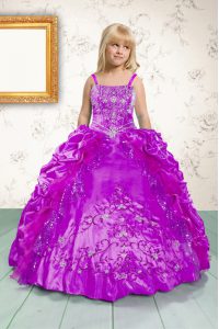 Inexpensive Beading and Appliques and Pick Ups Pageant Gowns For Girls Fuchsia Lace Up Sleeveless Floor Length