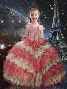 Watermelon Red Straps Lace Up Beading and Ruffled Layers Little Girls Pageant Dress Short Sleeves