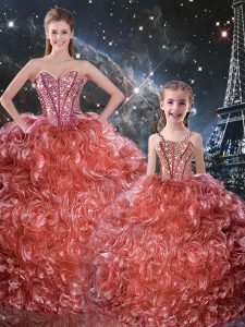 Rust Red Ball Gowns Beading and Ruffles Sweet 16 Quinceanera Dress Lace Up Organza Sleeveless Floor Length
