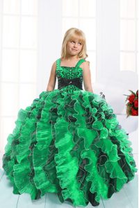 Excellent Straps Sleeveless Organza Girls Pageant Dresses Beading and Ruffles Lace Up