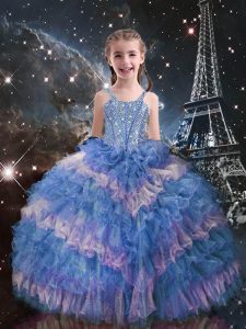 High Class Light Blue Ball Gowns Organza Straps Sleeveless Beading and Ruffled Layers Floor Length Lace Up Kids Pageant Dress