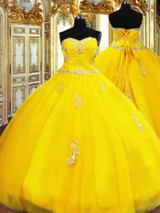 Chic Sleeveless Floor Length Beading and Appliques Lace Up 15th Birthday Dress with Gold