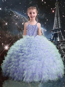 Stylish Light Blue Lace Up Little Girl Pageant Gowns Beading and Ruffles Sleeveless Floor Length