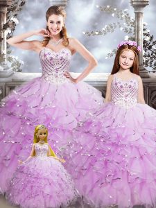 Lilac Sweet 16 Dresses Military Ball and Sweet 16 and Quinceanera with Beading and Ruffles Sweetheart Sleeveless Lace Up