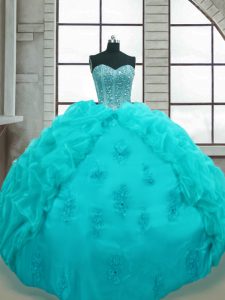 Sleeveless Organza Floor Length Lace Up 15 Quinceanera Dress in Aqua Blue with Beading and Appliques and Pick Ups