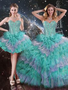 Best Selling Multi-color Organza Lace Up Sweet 16 Dress Sleeveless Floor Length Beading and Ruffled Layers