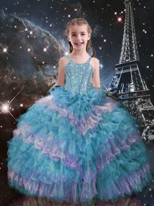 Teal Ball Gowns Straps Sleeveless Organza Floor Length Lace Up Beading and Ruffled Layers Little Girls Pageant Gowns