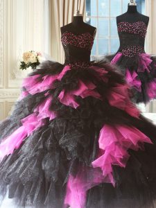 Fancy Sleeveless Floor Length Beading and Ruffles Lace Up Sweet 16 Dress with Pink And Black
