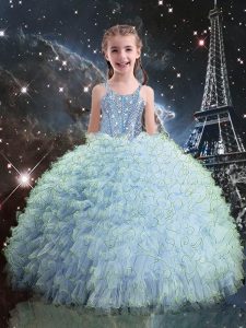 Sleeveless Organza Floor Length Lace Up Little Girls Pageant Dress in Light Blue with Beading and Ruffles