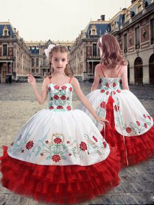 Straps Sleeveless Lace Up Floor Length Embroidery and Ruffles Little Girls Pageant Gowns