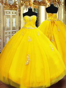Ideal Gold Lace Up 15 Quinceanera Dress Beading and Appliques Sleeveless Floor Length