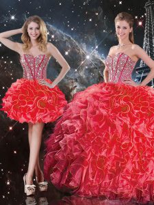 Ball Gowns Quinceanera Dresses Coral Red Sweetheart Organza Sleeveless Floor Length Lace Up