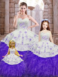 Pretty Sleeveless Floor Length Beading and Appliques and Ruffles Lace Up 15th Birthday Dress with White And Purple
