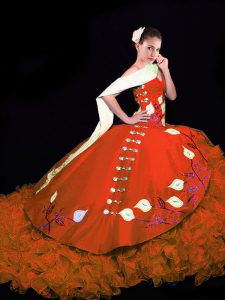 Embroidery and Ruffles Quinceanera Dress Rust Red Lace Up Sleeveless Brush Train