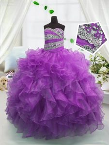 Elegant Purple Organza Lace Up Sweetheart Sleeveless Floor Length Little Girl Pageant Dress Beading and Ruffles