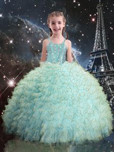 Aqua Blue Sleeveless Floor Length Beading and Ruffles Lace Up Kids Pageant Dress