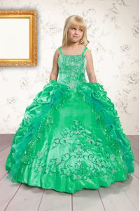 Pick Ups Ball Gowns Girls Pageant Dresses Green Spaghetti Straps Satin Sleeveless Floor Length Lace Up