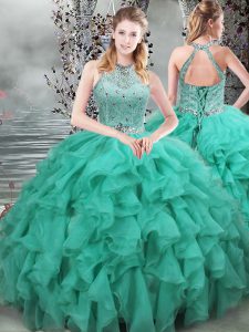 Sophisticated Turquoise Ball Gowns Scoop Sleeveless Organza Brush Train Lace Up Beading and Ruffles Sweet 16 Dress