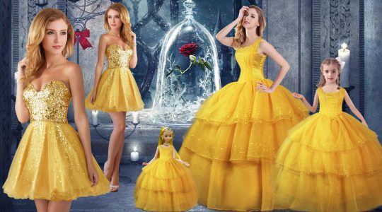 Gold Ball Gowns Straps Sleeveless Organza Floor Length Lace Up Ruffled Layers Quince Ball Gowns