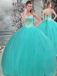 Latest Sweetheart Sleeveless Lace Up Quinceanera Gowns Turquoise Tulle