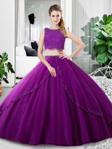 Chic Purple Scoop Zipper Lace and Ruching Quinceanera Gown Sleeveless