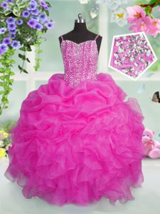 Baby Pink Sleeveless Beading and Ruffles and Pick Ups Floor Length Little Girls Pageant Gowns