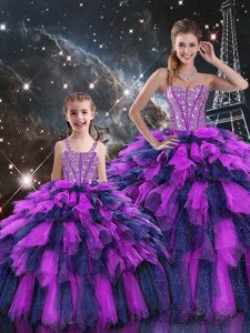 Floor Length Lace Up Quinceanera Dress Multi-color for Military Ball and Sweet 16 and Quinceanera with Beading and Ruffles and Ruffled Layers