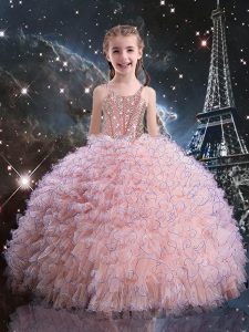 Pink Short Sleeves Organza Lace Up Child Pageant Dress for Quinceanera and Wedding Party