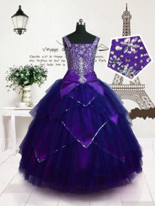 Purple Kids Pageant Dress Party and Wedding Party with Beading and Belt Straps Sleeveless Lace Up