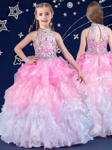 White and Pink And White Ball Gowns Organza Halter Top Sleeveless Beading and Ruffles Floor Length Zipper Pageant Gowns For Girls