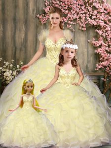 Light Yellow Sleeveless Tulle Lace Up Quinceanera Gowns for Military Ball and Sweet 16 and Quinceanera