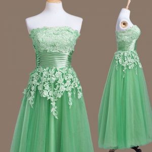 Elegant Green Lace Up Court Dresses for Sweet 16 Appliques Sleeveless Tea Length