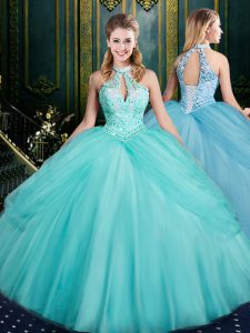 Dazzling Sleeveless Floor Length Beading and Pick Ups Lace Up Sweet 16 Dresses with Aqua Blue