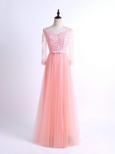 Elegant Lace Quinceanera Dama Dress Pink Lace Up Half Sleeves Floor Length