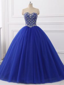 High Quality Royal Blue Sleeveless Floor Length Beading Lace Up Vestidos de Quinceanera