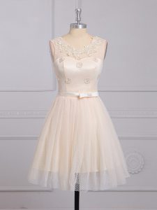 Shining Champagne A-line Lace Scoop Sleeveless Appliques and Belt Mini Length Lace Up Quinceanera Court Dresses