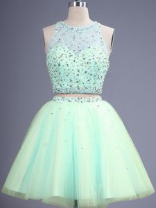 Sleeveless Tulle Knee Length Lace Up Court Dresses for Sweet 16 in Apple Green with Beading