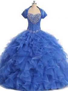 Lovely Blue Strapless Lace Up Beading and Ruffles Ball Gown Prom Dress Sleeveless